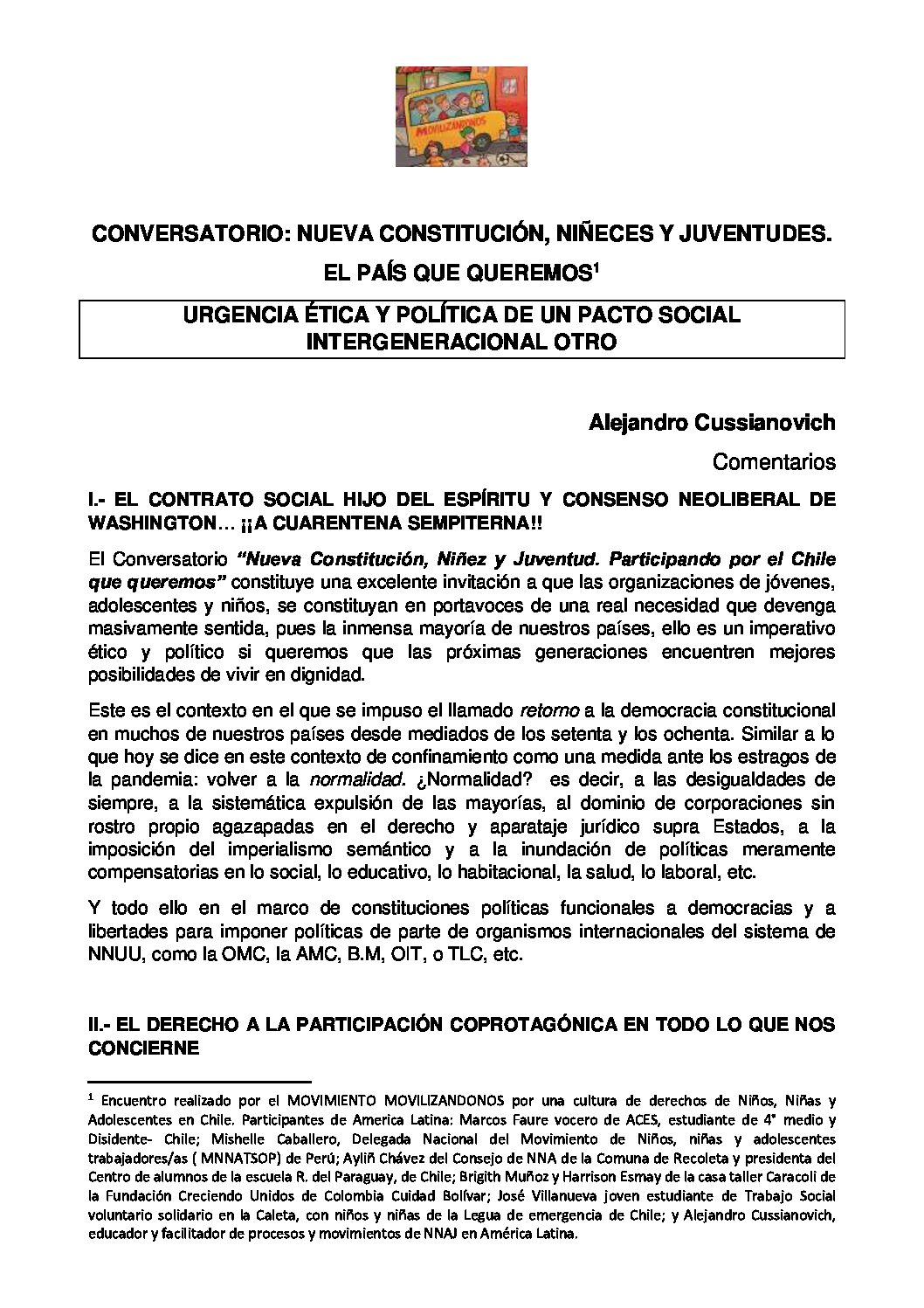 CONVERSATORIO: NUEVA CONSTITUCIÓN, NIÑECES Y JUVENTUDES. EL PAÍS QUE QUEREMOS