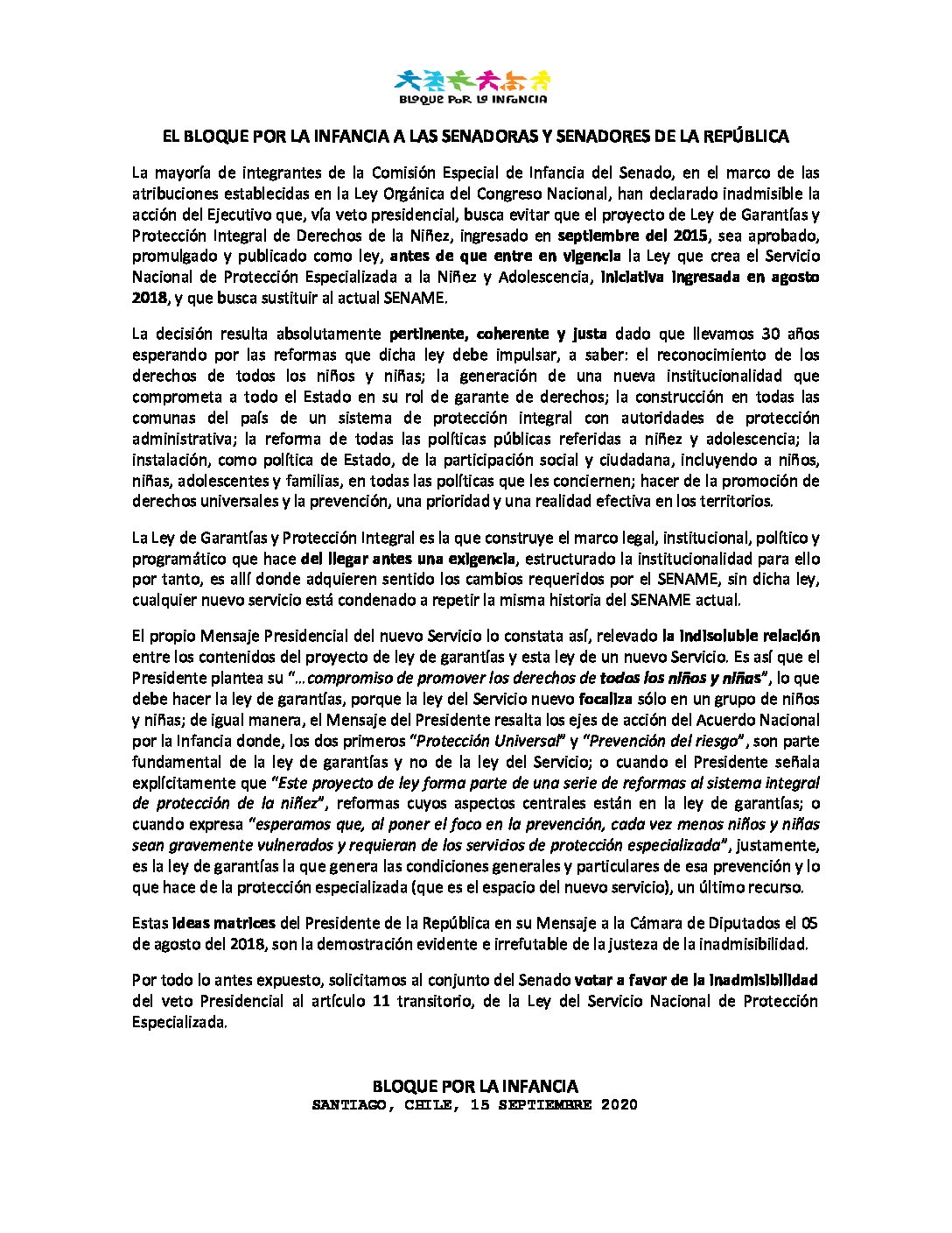 EL BLOQUE POR LA INFANCIA A LAS SENADORAS Y SENADORES DE LA REPÚBLICA