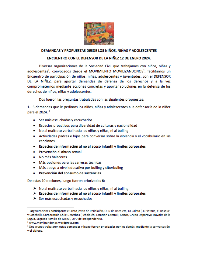 Demandas y Propuestas desde NNA – Defensor de la Niñez