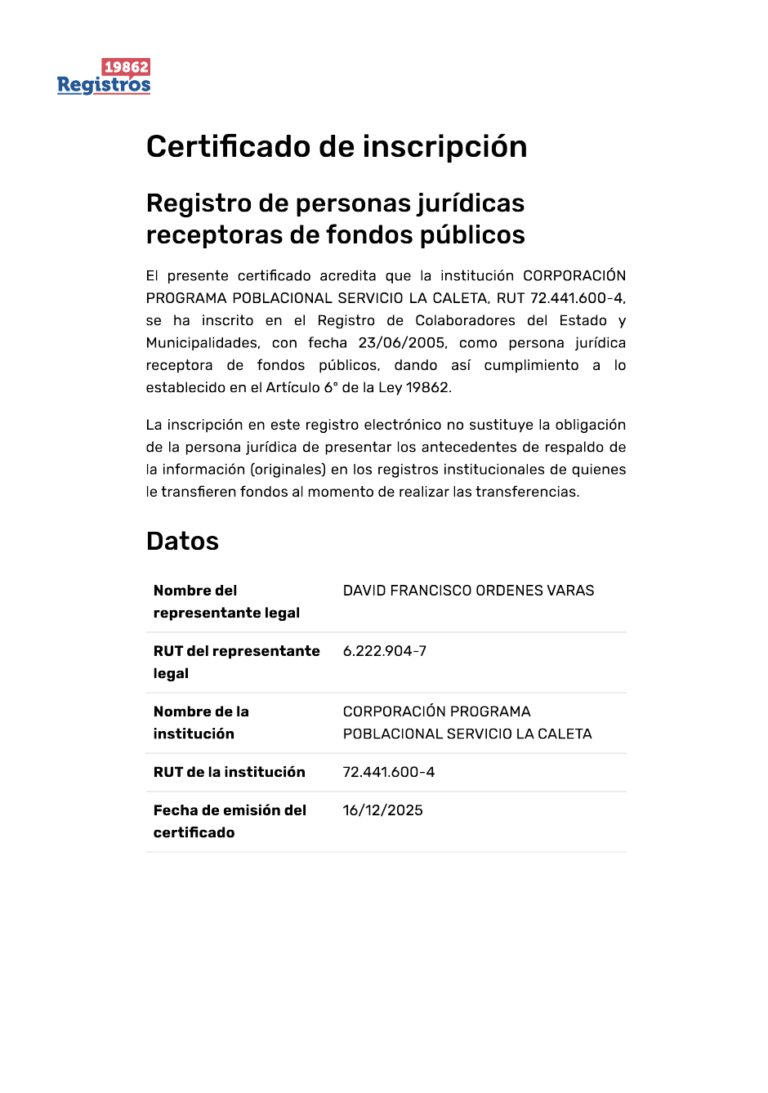 Certificado de Registro – Inscripción de personas jurídicas receptoras de fondos